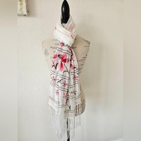 Collection XIIX Sheer White Large Painted Pink Flowers Long Tassel Wrap Scarf - Picture 1 of 7